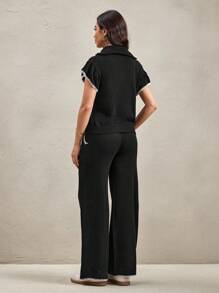 Wildy 2 Stücke/Set lässiger und bequemer amerikanischer Stil locker sitzender schwarzer Pullover für Frauen, lässiger schwarzer Strick-Damen-Lässig-Set für Herbst, Schule, Heimkehr, Lehrerin, Land-Outfits, Urlaubsmode, Ausgehmode, Arbeitskleidung, Urlaub, Zweiteiler-Set, Loungewear für Frauen, Flughafen-Outfit