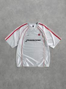 ROMWE MEN Prep 男式夏季休闲撞色装饰标语印花 Polo 衫 - 灰色 - 查看 1