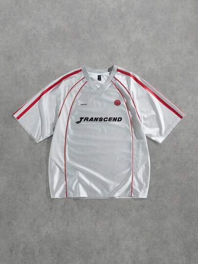 Prep Men's Summer Casual Contrast Trim Slogan Print Polo Shirt Jersey