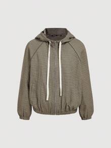 SHEIN MOD 休闲格子插肩袖抽绳连帽女式夹克，返校，休闲日常穿着，拉链夹克春季夹克女式连帽夹克秋冬女装 - 咖啡棕 - 查看 2