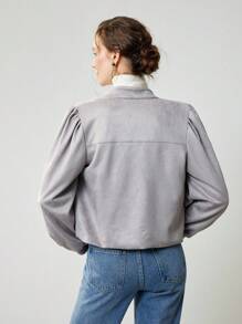 Uhlyne 女士时尚仿麂皮面料基础款 Polo 领拉链短款外套，长袖，适合秋冬季节穿着，简约风格，适合工作、教师、返校季、秋季、中性色、商务休闲等场合，灰色，复古绅士风灰色外套，休闲春季 - 灰色 - 查看 4