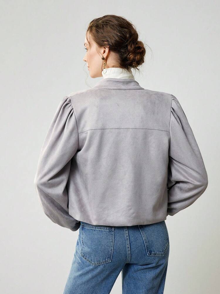 Uhlyne 女士时尚仿麂皮面料基础款 Polo 领拉链短款外套，长袖，适合秋冬季节穿着，简约风格，适合工作、教师、返校季、秋季、中性色、商务休闲等场合，灰色，复古绅士风灰色外套，休闲春季 - 灰色 - 查看 4