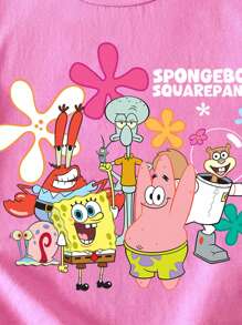 SpongeBob SquarePants | SHEIN Young Girl Cute Cartoon Print Short Sleeve T-Shirt, Summer Casual - Pink - View 2