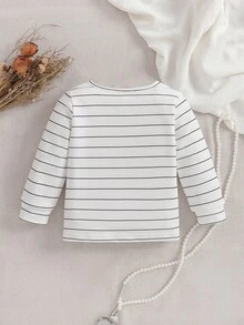 SHEIN Baby Girls' 3D Bow Decor Long Sleeve Sweatshirt. The 3D Bow Design Adds Endless Childlike Charm. Round Neck Style, Simple And Fashionable, Suitable For Outdoor Play, Home Leisure, Party Attendance And Various Occasions, Making The Baby The Little Focus In The Crowd And Displaying Lively And Adorable. - Black and White - View 2