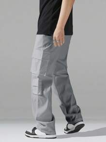 Manfinity Hypemode 男士秋季多口袋抽绳腰直筒休闲裤 - 淺灰色 - 查看 3