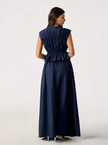 SHEIN Tall 2pcs/Set Women Navy Comfort Vacation Casual Commute Drawstring Top & Ruched Skirt Set - Navy Blue - View 2