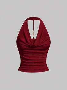 SHEIN PETITE Top aderente corto, da donna, con scollo a drappo, arricciato, allacciato al collo, senza schienale, abbigliamento da strada, estivo
