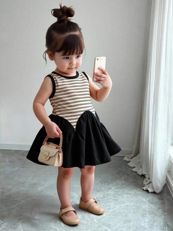 SHEIN Infant Girls' Fashionable Striped Elegant All-Match Casual Dress, Versatile For Spring And Summer