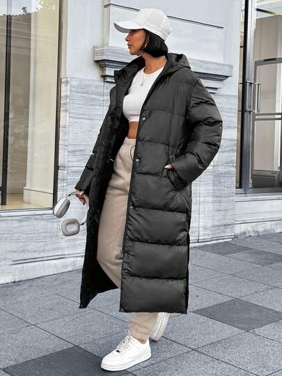 EURMUSE High Shine Longline Padded Coat, Oversized Hood, Contrast Lining, Street-Style Winter Essential Long Puffer Coat Women Long Winter Coat Women Long Hooded Puffer Coat Womens Puffer Jacket Winter Coats For Women Maxi Puffer Coat Womens Long Puffer Jacket Long Hooded Coat Women
