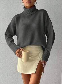EURMUSE 女士休闲纯色宽松高领毛衣，适合秋冬季 - 灰色 - 查看 4