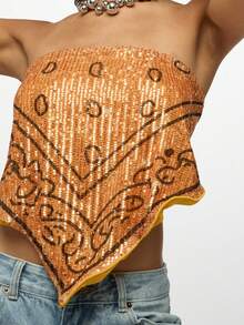 SUMWON WOMEN Sequin Bandana Print Cover Up Crop Top Convertible Bandeau Strapless Festival Beach Resort Wear Clubwear Party Summer Vacation Poolside - Yellow - View 5