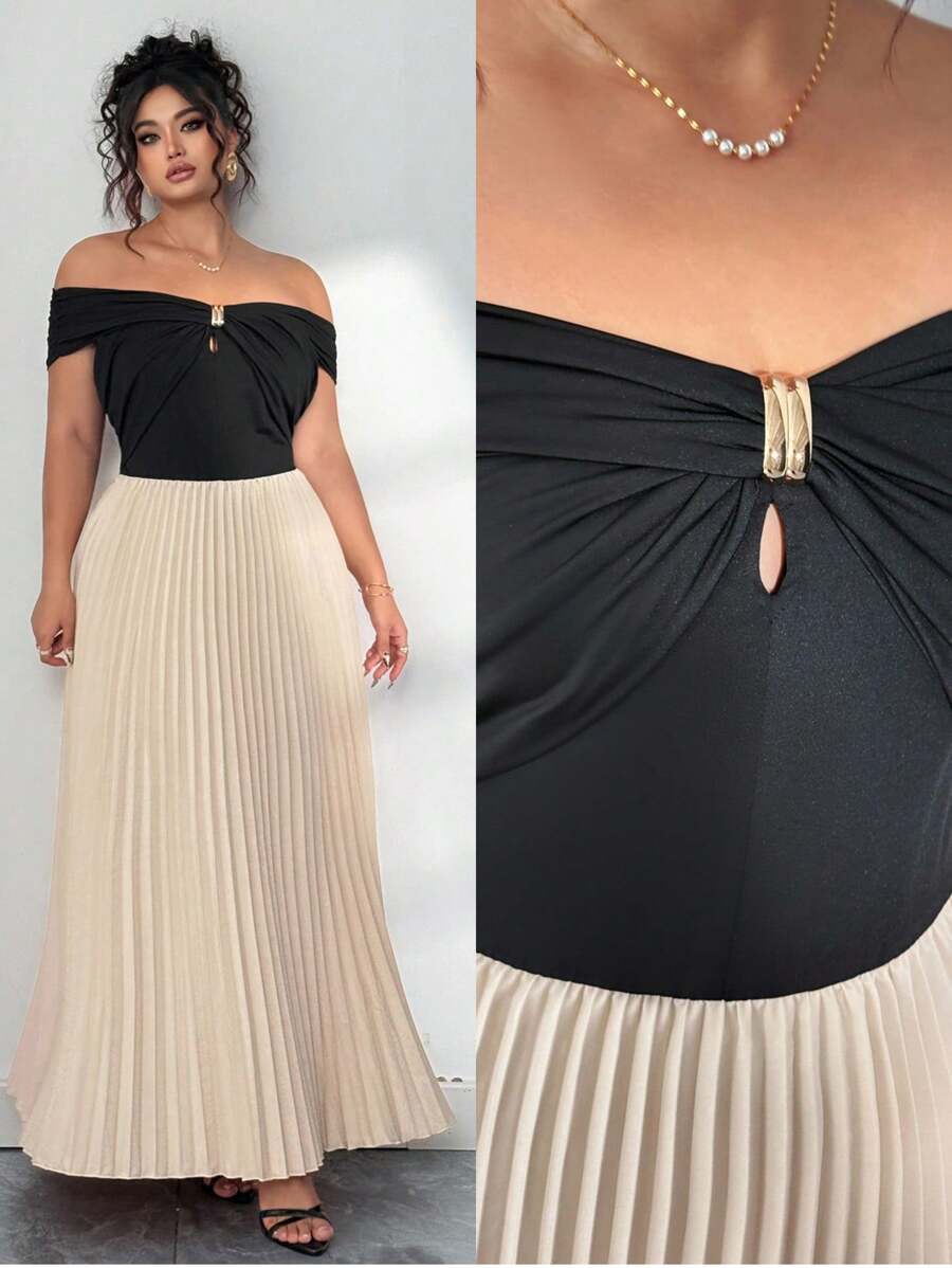 Elenzga Große Größen Elegantes plissiertes Farbblock-Kleid, Off-Shoulder für Damen, Off-Shoulder