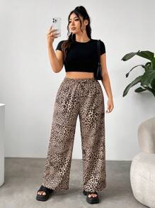 SHEIN EZwear Pantalon de vacances décontracté grande taille à imprimé animalier rétro à jambes larges - Tabac - Voir 4