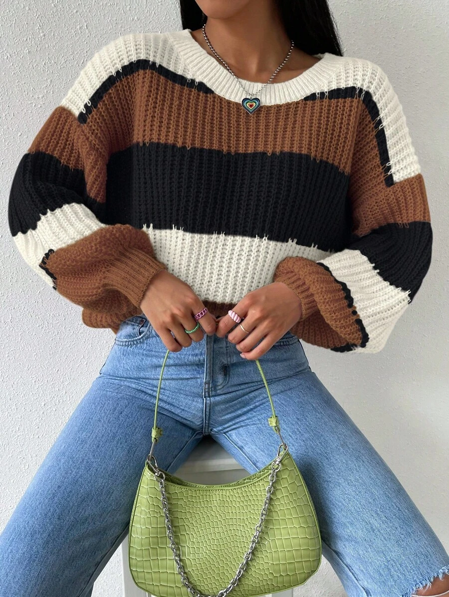 EMERY ROSE Women's Casual Everyday Contrast Color Round Neck Oversized Sweater Knit Pullover Fall Winter, Christmas - Multicolor - View 1