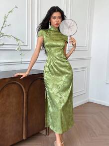 EastFlair Traditional Chinese Style Stand Collar Patterned Satin Jacquard Long Split Qipao Dress In Red - Green - View 4