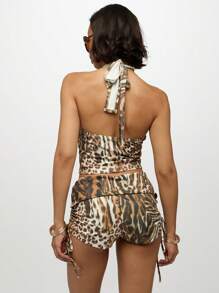 SUMWON WOMEN Quần đùi in họa tiết động vật cạp cao nhún bèo bên hông lễ hội bãi biển câu lạc bộ quần đùi bó sát quần rút dây quần mặc ở nhà nghỉ dưỡng Hawaii - Nhiều màu - Xem 2