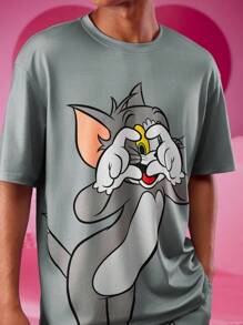 TOM & JERRY X SHEIN Men's Casual Loose Knit Tom Print Gray T-Shirt And Shorts 2Pcs Loungewear Set, Couples Style