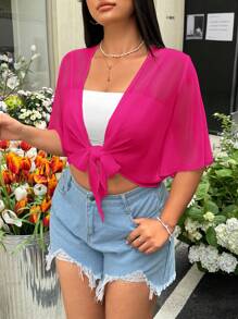 GalTyme Áo thun nữ cỡ lớn màu trơn, kiểu dáng thường ngày, thắt nút, đa năng, thích hợp mặc hàng ngày. - Màu Hồng Tươi - Xem 3