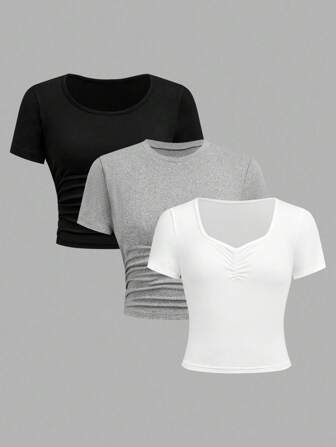 3pcs Set Teenage Girls Slim Fit Cropped T-Shirts, Variety Of Necklines (Round, Square Neck, Square), Casual And Fashionable Knit T-Shirt Set