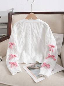 SHEIN Tween Girls' Casual V-Neck Long Sleeve Cardigan Top,In Fall/Winter - White - View 4