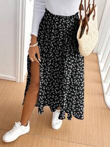 SHEIN Frenchy 女士休闲度假高开叉伞形下摆半身裙，适合夏季，碎花，法式优雅