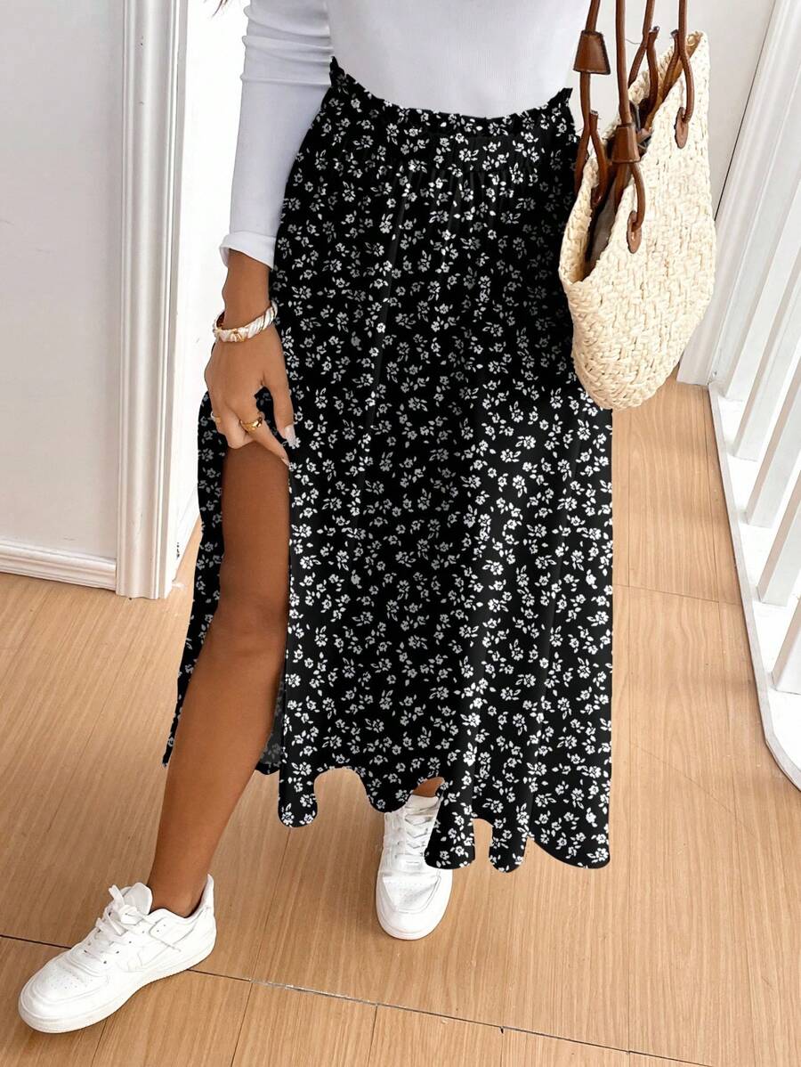 SHEIN Frenchy 女士休闲度假高开叉伞形下摆半身裙，适合夏季，碎花，法式优雅