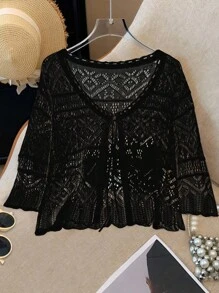 Breezaya Áo len cardigan mỏng khoét lỗ tay 3/4 nhẹ cho nữ, mùa hè - màu đen - Xem 1