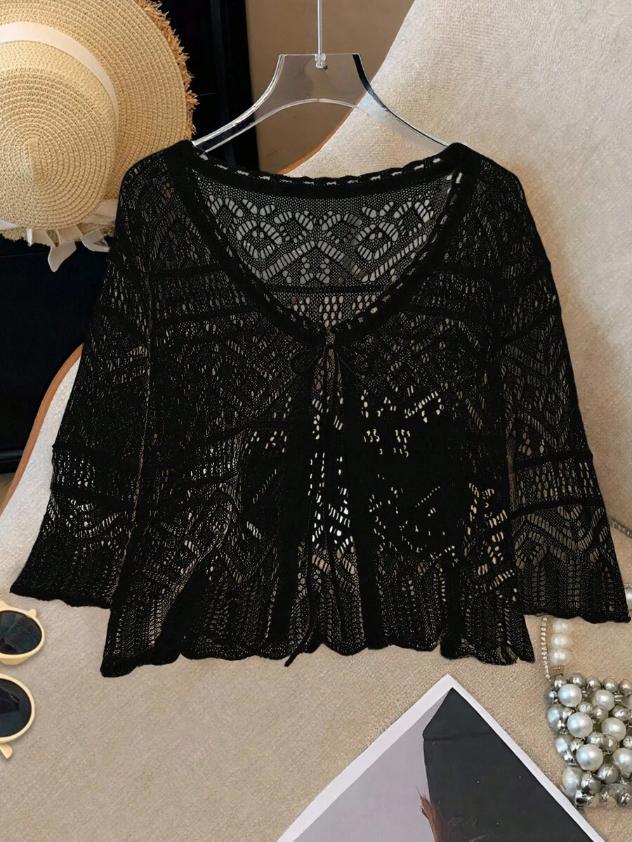 Breezaya Áo len cardigan mỏng khoét lỗ tay 3/4 nhẹ cho nữ, mùa hè - màu đen - Xem 1