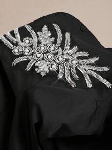 Amorya 女士优雅黑色串珠贴花短袖衬衫，适合多种场合，例如夏季返校、音乐会、返校节、办公室、教师节、晚宴、教堂活动、早午餐、生日派对、婚礼宾客等。 - 黑色 - 查看 7