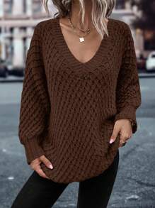 SHEIN LUNE Women's Casual Vacation Plain V-Neck Drop Shoulder Loose Pullover Sweater Knit Pullover Fall Winter - Brown - View 3