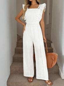 Easowa 法式优雅系带袖高腰深V背纯色刺绣直筒阔腿连体裤，夏季度假装 - 白色 - 查看 6