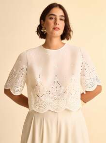 CAJUNI Áo kiểu nữ cỡ lớn dáng rộng, tay ngắn, thêu lỗ, thích hợp mặc đi nghỉ mát. - trắng - Xem 7