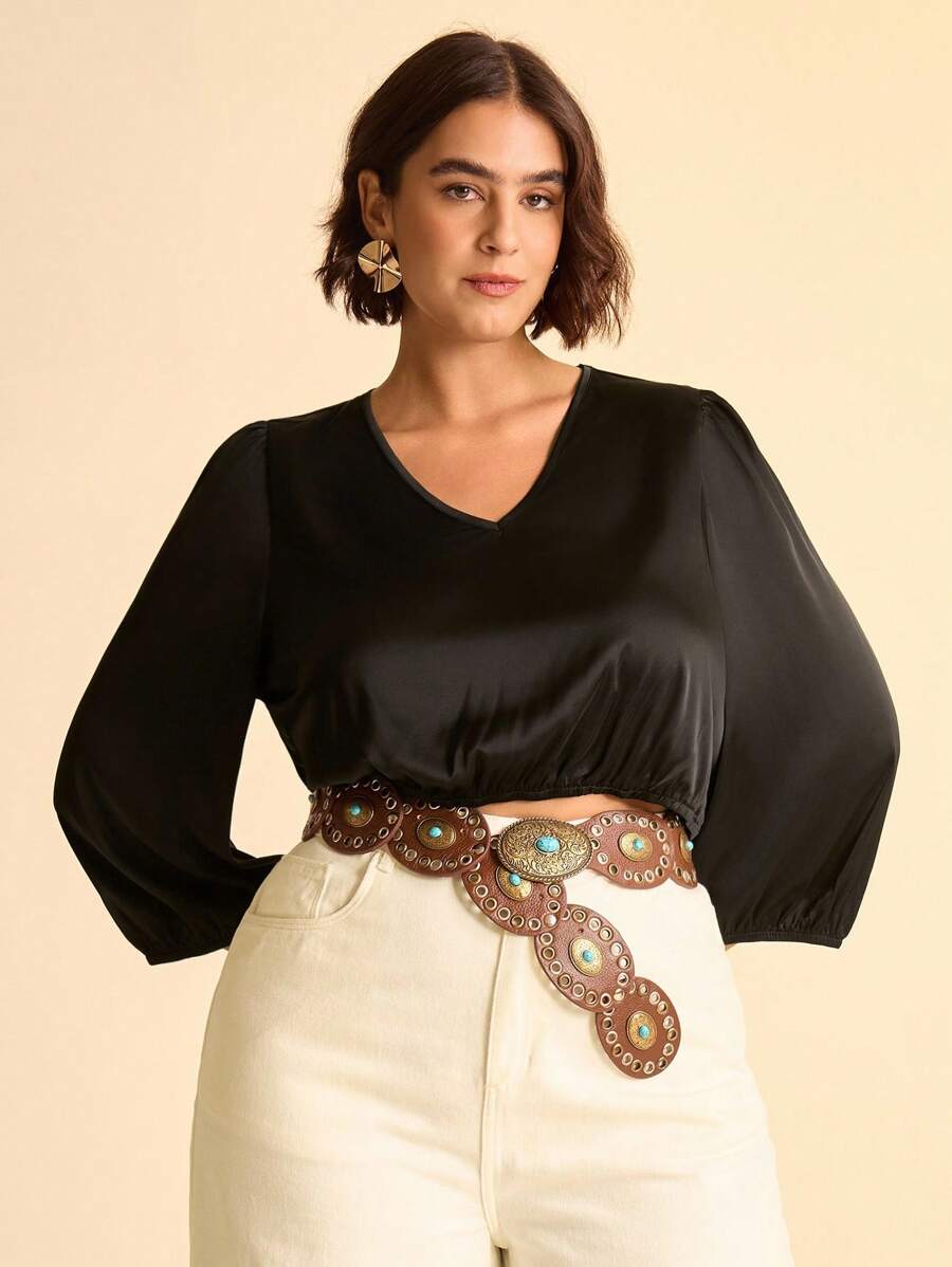 CAJUNI Plus Size Women's Elegant Black Mandarin Collar Loose Shirt,Autumn Formal Dinner Evening Tops,Simplistic Bohemian Casual Country Clothes - Black - View 1