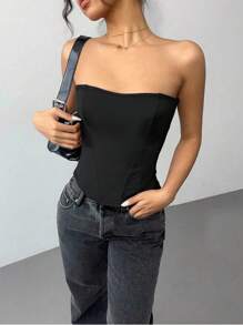 SHEIN LUNE Damen ärmelloses Crop Top mit Rollkragen, Einfarbig, europäisches & amerikanisches Modedesign, körperbetonter Schnitt, Frühling/Sommer - Schwarz - Übersicht 1