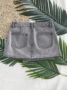 GlowEve 女士休闲性感街头风格交叉腰短款牛仔迷你裙，夏季 - 淺灰色 - 查看 2