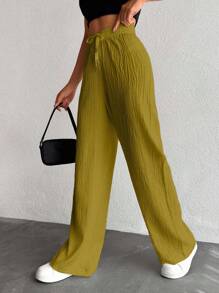 EURMUSE Pantalones largos con cordón de cintura de unicolor para mujeres de talla pequeña - Verde Oliva - Ver 3