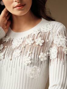 Anewsta Elegant French Luxury Beaded 3D Floral Rhinestone Decorated Sexy Crew Neck Sweater - White - View 1
