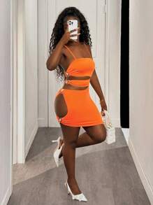 BamGleam Women Side Hollow Passionate Flame Orange Sexy Camisole Dress