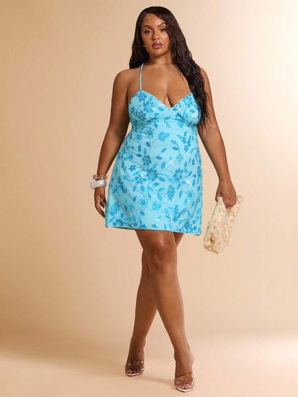 SHEIN BAE Plus Size Women Green Sexy Backless Strap Studded Sequin Decorated Mini Dress, Elegant Backless Dress Suitable For Beach, Resort, Summer