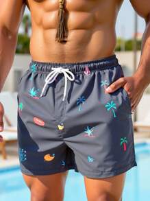Manfinity Swimmode Shorts casuales de hombre con cintura con cordón y estampado para la playa