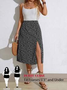 SHEIN PETITE Plus Size Ditsy Floral Slit Hem Elegant Skirt - Multicolor - View 1