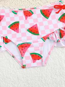 女童西瓜印花两件式泳衣，含泳帽，适合游泳和度假 - 彩色 - 查看 3