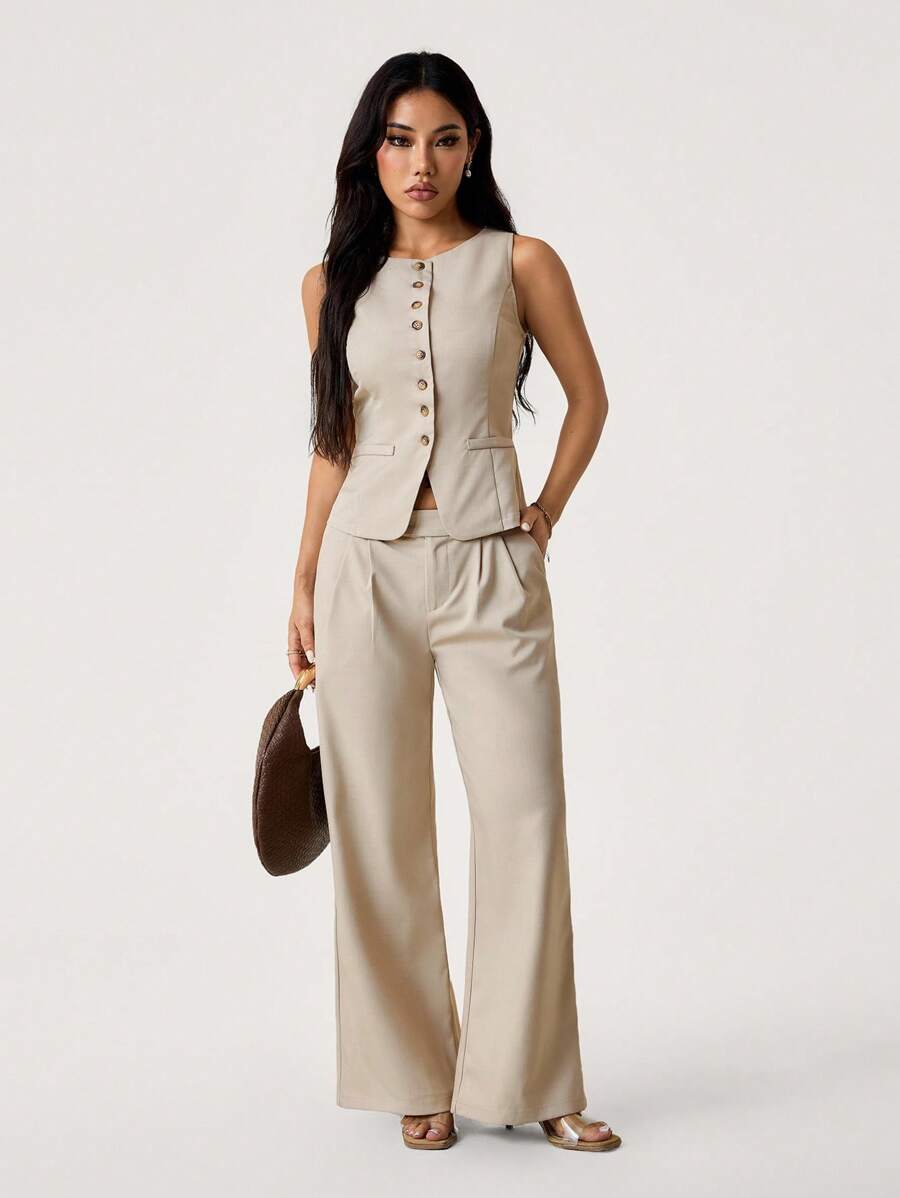 SHEIN PETITE 无袖开襟背心优雅西装和裤子套装 - 米色 - 查看 1