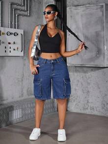 SHEIN Unity Women's Loose Utility Pocket Denim Shorts - Dark Wash - View 6