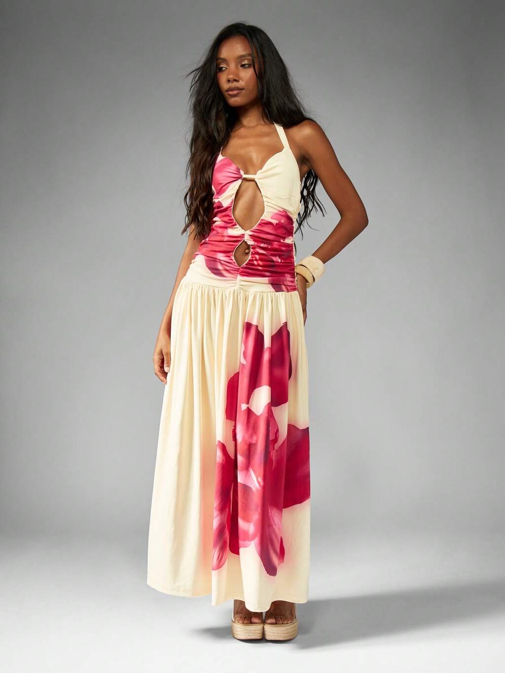 MISSGUIDED Robe longue à imprimé floral et découpes, dos nu, taille empire