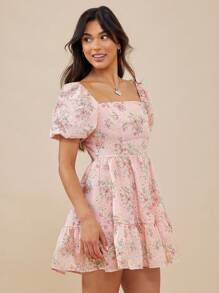 WESTFADE 花卉印花方领荷叶边下摆夏季短袖连衣裙