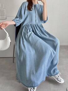 FRIFUL 女式长款牛仔褶皱连衣裙，宽松版型 - 中等水洗藍 - 查看 1