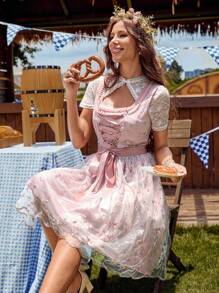 LanaWest 方领编织缎带网眼刺绣围裙连衣裙，春夏，连衣裙