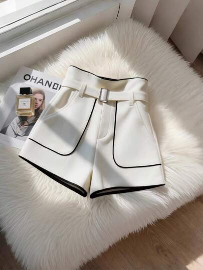 GlowEve 女士时尚优雅腰带拼色口袋简约高端百搭阔腿短裤，春夏