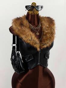 Amplova Women's Vintage Edgy Runway V-Neck Fluffy Cropped Jacket With Asymmetric Hem PU Leather In Fall/Winter - Multicolor - View 5